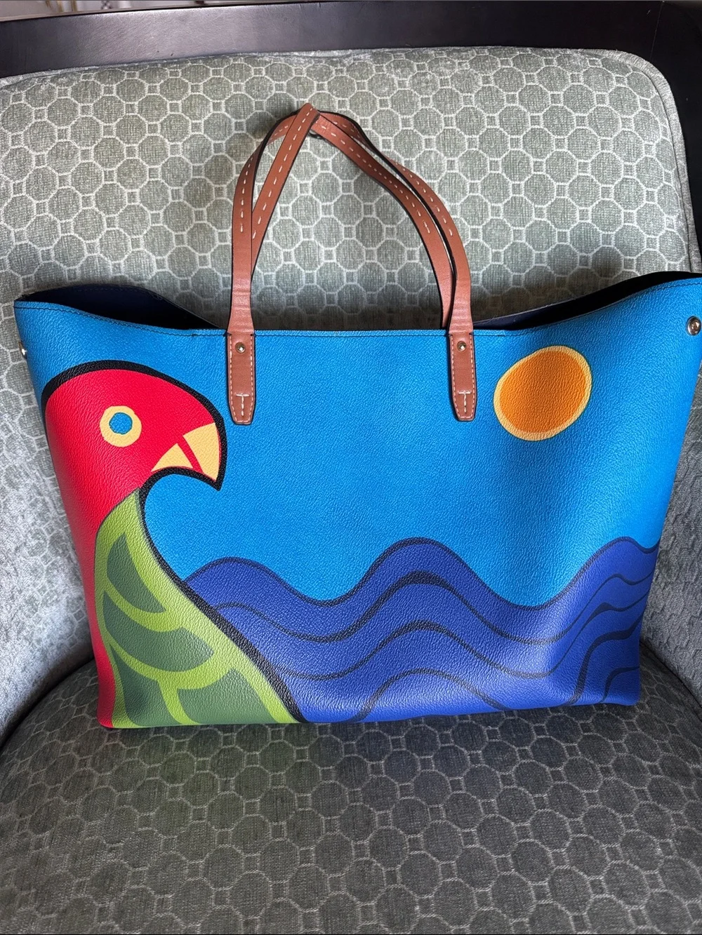 Tory Burch Kerrington Blue Parrot Tote with Brown Leather Handles